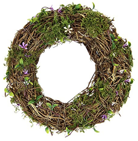 Flair Flower Kranz mit Blätter und Moos Weidenkranz romantische Deko Blumenkranz Rattankranz Dekokranz Kerzenkranz Kunstblumendeko Landhaus Kränze Rohling Osterdeko Frühjahr Frühling, ca. 25x25x6 cm