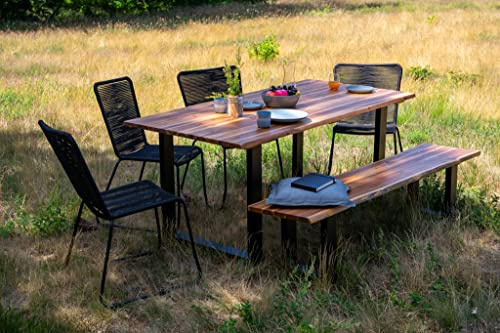 SAM 6tlg. Outdoor-Tischgruppe Avila 180x90 cm, 4 Seilstuhl schwarz + Bank | Akazienholz massiv & geölt, U-Gestell schwarz lackiert, echte Baumkante, viergeteilte 26 mm Platte, Seilstuhl ISRA