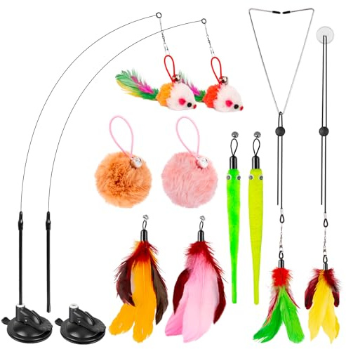 HONGDDY 14pcs Juguetes Interactivos para Gatos, 3 in 1, 10pcs Pluma con Campana, 2pcs Accesorios Que se Pueden Colgar en la Puerta