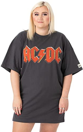 AC/DC T-Shirt Oversize Robe Dames Femmes | Adults Fly on The Wall 1985 Tour Outfit | Logo de la Bande Rouge Gris Anthracite | Vêtements de Concert de Concert de Rock