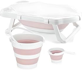 Große Faltbare Babywanne, Babywannen Set mit 33Liter, Baby Wanne Inkl. Badewanneneinsatz, Baby-Haarwaschbecher und Eimer. Babybadewanne Faltbar für Babys 0-6 Jahre, 82 x 48 x23 cm