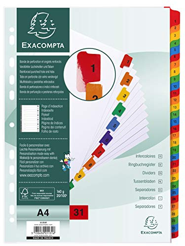 Exacompta - Ref. 1131E – Karton mit 10 Registern aus weißer Karte 160 g/m² FSC mit 31 digital bedruckten Registern von 1 bis 31 Farben – Indexseite bedruckbar – für DIN A4 – Maße: 22,5 x 29,7 cm