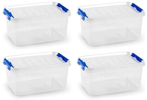 AC - Pack de 4 Cajas de ordenación de plástico Transparente con asa, N.º 26. Contenedor para almacenar Libros, Ropa, Mantas. Capacidad 8 litros. Dimensiones Aprox.: 34 x 22,5 x 15,5 cm