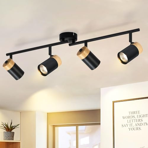Glitzerlife Deckenstrahler Holz Schwarz Deckenleuchte Deckenlampe 4 Flammig | GU10 LED Schwenkbar 330° Spotleuchte für Wohnzimmer Schlafzimmer Küche kinderzimmer Ohne Leuchtmittel