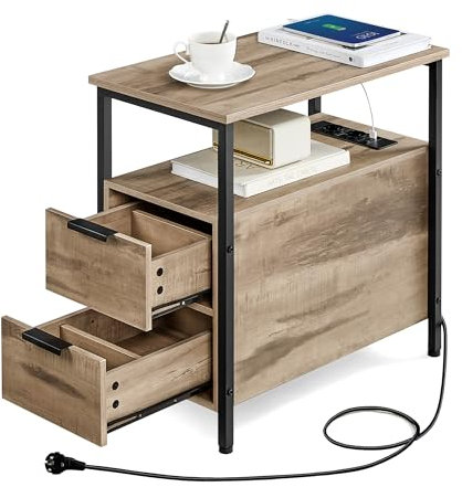 VASAGLE Beistelltisch, Nachttisch mit Steckdosenleiste, 2 Schubladen, Sofatisch, Nachtschrank für Wohnzimmer, Schlafzimmer, Kamelbraun-tintenschwarz LET325K01