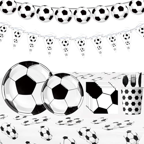 83PCS Football Party Tableware Set, Paper Plates and Cups, Disposable Dinnerware Party Supplies for Birthday World Cup 2024 - Football Plates, Banners, Tablecloth, Cups, Napkins, Cutlery