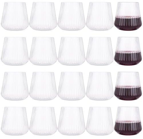 LOLYSIC 20Pcs Reusable Plastic Wine Glasses Stemless, 400ml Clear Ribbed Plastic Wine Glasses, Unbreakable Drinking Cup Tumbler for Outdoor Indoor Party Picnic Camping Cocktail Champagne Juice Water