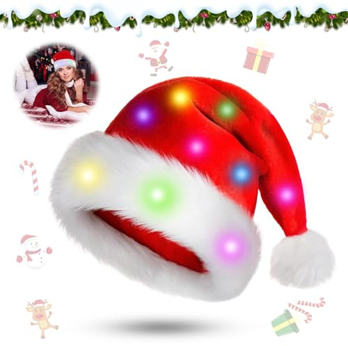 Weihnachtsmütze, Weihnachtsmützen, Mütze mit LED Licht, Nikolausmütze Rot,Weihnachtsmann Weihnachtsmütze LED Mütze, Nikolausmützen,LED Lichter Weihnachtsmütze für Neujahr Festliche Weihnachtsfeier