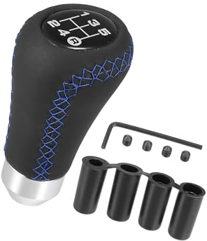 Hihaha Black Universal 5 Speed Car Gear Shift Knob PU Leather Blue Stitches Durable Material