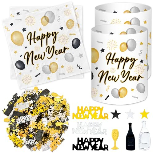 20 Stück Servietten Silvester+ 12 Windlicht Tischdeko + 500 Konfetti, Silvester Deko 2026, Happy New Year Deko, Silvesterdeko Party Set