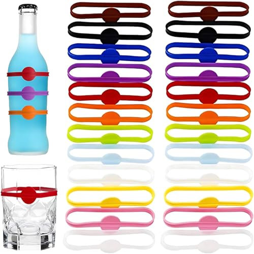 AUEFUDQ 24 Pièces Marqueur de verre - Marqueur de verre - Réversible - En silicone coloré - Pour verre à vin, bouteille, gobelet, cocktail, bar, fête
