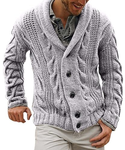 VYLYNL Herrcardigan sjal krage stickad cardigan kabelstickad jumper stickade kläder tjock stickad tröja jacka tjock termisk långärmad stickad kappa höst vinter varm enfärgad ytterkläder, Grå, 3XL
