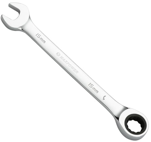 MAXPOWER 15mm Ratschen-Ringmaulschlüssel, 12-Punkt-Getriebeschlüssel mit 72-Zahn-Ratsche, aus Geschmiedetem und Wärmebehandeltem Chrom-V-Stahl, Verchromt, Metrisch