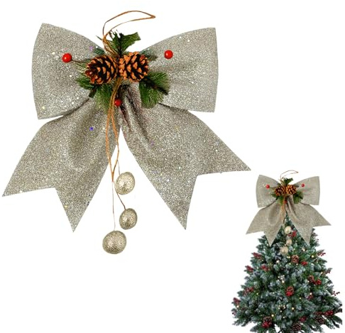 1P Champagne Topper Bows for Christmas Tree,9.8x11.8in Glitter Wreaths Bows Large Sequin Ties Xmas Bow for Tree Topper,Xmas Trees Bow,Foam Bows Ornaments for Christmas Trees,Wreaths,Garland Decor