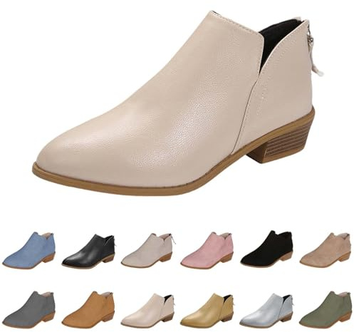Women's Faux Suede Leather Ankle Boots UK 5 Pointed Toe Chunky Stacked Low Heel Booties Short Booties with Back Zipper Chelsea Boots Winter Fall Ankle Booties Dress Western Shoes A/Beige