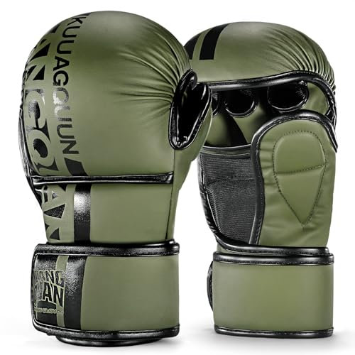 KUANG QUAN Guanti da MMA, con palmo aperto, per sparring, arti marziali, uomini e donne, sport di combattimento, MMA, boxe, muay thai, kickboxing (verde militare, L)