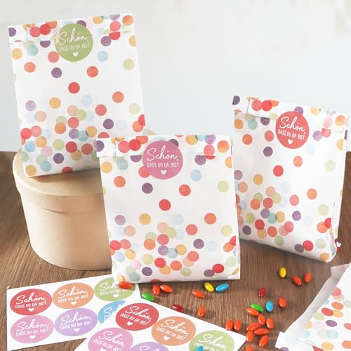 MEJOSER 30 Stück Geschenktüten mit 30 Aufkleber Mitgebsel Tüten zum Befüllen Bunt Papiertüten Kindergeburtstag kleine Tütchen Geburtstag Hochzeit Gastgeschenke für Süßigkeiten