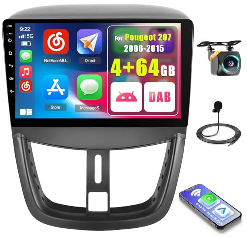 Inefala 4+64G Android 15 Radio para Peugeot 207 2006-2015 con Wireless Carplay y Android Auto, 9'' Radio Pantalla Táctil Estéreo con Dab Bluetooth 59UI HiFi GPS FM/RDS SWC AHD Cámara Inversa | Radio con inalámbrico Carplay Android Auto DAB Enlace Espejo Radio FM/RDS HiFi WIFI Bluetooth GPS 59 UI SWC