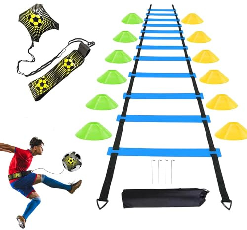 Flanliy Fussball Trainingszubehör, Fußball Trainingsset Sachen Inklusive 6M Koordinationsleiter, 12 Hütchen und Fußballtrainer, Fussball Training Zubehör Kinder, Fussball Geschenke für Jungs (A)