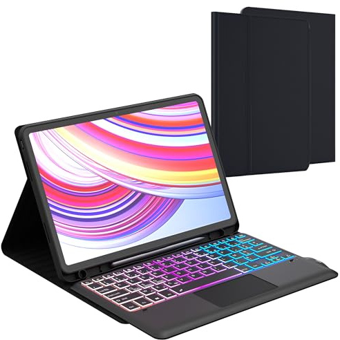 Clavier Azerty FrançAis Pour Redmi Pad Pro 12.1 Pouces 2024/Xiaomi Pad Poco | Rétroéclairée 7 Couleurs, Pavé tactile, DéTachable, Azerty Français, Porte-stylet, Housse de protection en TPU pour étudiant