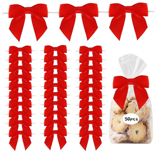 TONIFUL 50 rote Satinschleifen mit Bindeband, 11,4 cm, dekorative Schleifen für Valentinstag Geschenkverpackungen, Leckerli-Tüten, Basteln, Flaschen, Weihnachtsbaum, Hochzeit, Babyparty