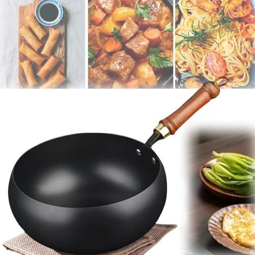 Suntuup Wok japonais en fer forgé à la main avec couvercle en bois, antiadhésif, antirouille, fond plat pour cuisinières à gaz, induction et électriques