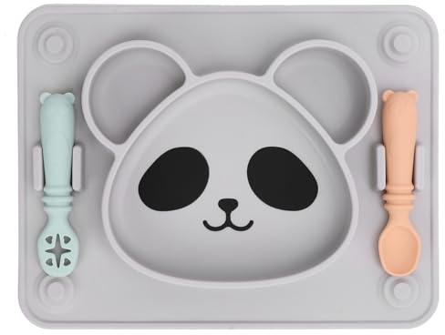 Garosa Assiette de Tout-petits en Silicone de Plaque de Forme Panda avec 3 Compartiments pour les Enfants Alimentant Auto-alimentaire Résistant aux Gouttes BPA Facile à Nettoyer