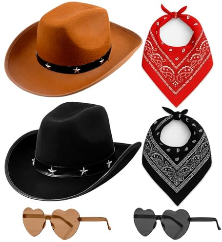 Bukbas Cowboy Hat Women Men, 6PCS Black Cowboy Hat Set with Bandana and Sunglasses, Felt Western Hats & Bandanas Texas Texan Costume Accessories for Adults Wedding Birthday Party Costume Accessory