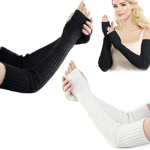 Armstulpen Damen 2er-Set Schwarz & Weiß, Weiche Elastische Strick Arm Warmers Mit Daumenloch, Lange Fingerlose Arm Stulpen Für Herbst Winter, Ideal Für Büro, Tippen, Radfahren & Outdoor-Aktivitäten