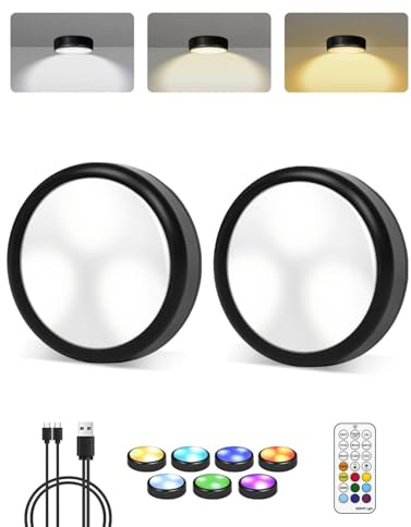 LED Spot Akku USB Aufladbar, 1800mAh Aufladbar Puck Lights mit Fernbedienung, 7 RGB Farben und 3000K/4500K/6000K Vitrinenbeleuchtung, Langlebige, Dimmbare Klebeleuchten für Schränke, Küche, Regale