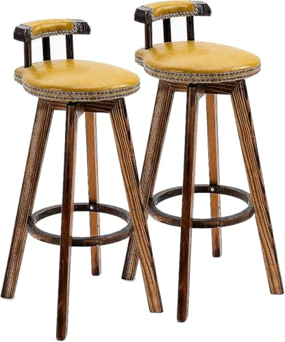 ZBZFGE Barhocker Low-Rücken-Barstools Grad Drehsitzoberteil, synthetische Lederpolster-Vintage-Barstuhl, Höhenhocker mit massivem Holzbein (Gelb-2Ps, 73 cm)