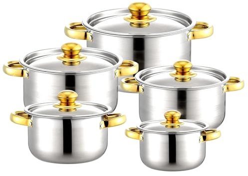 Batería de cocina de acero inoxidable, 10 piezas, con tapa, apta para inducción