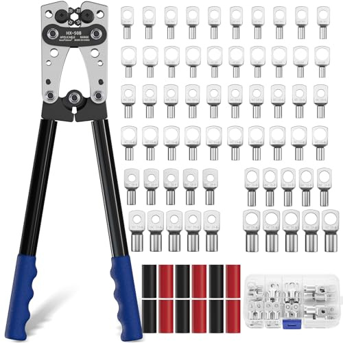 Koolcover Battery Cable Crimping Tool Kit, Heavy Duty Wire Crimping Tool with 60 PCS Copper Ring Terminals, Tubular Cable Lug Pliers for Battery Cables 6/10/16/25/35/50 mm² (HX50B Crimper+terminals)