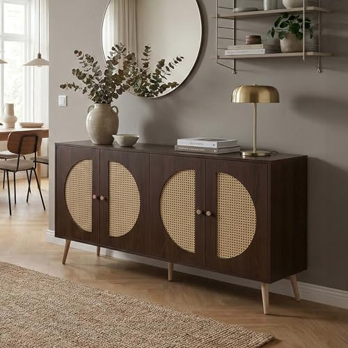Mendler Sideboard HWC-P49, Schrank Kommode mit Türen Anrichte Staufächer, Poly-Rattan MDF Melamin 80x160x40cm - Walnuss-Optik