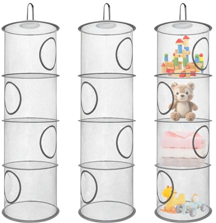 ROEOWENE 3pcs Faltbare Hängeaufbewahrung Organizer Hängende Netz | Aufbewahrung Kuscheltier Hängender Speicherkorb Aufbewahrungstasche Hängeregal Mesh für Kinderzimmer,Badezimmer,Balkon-Grau