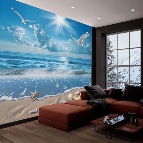Fotomurales 250x175 cm Papel Pintado Tejido no Tejido Costa Playa Vista Al Mar Azul, Moderna Murales Fotográfico Decoración de Pared Sala Cuarto Oficina Salón