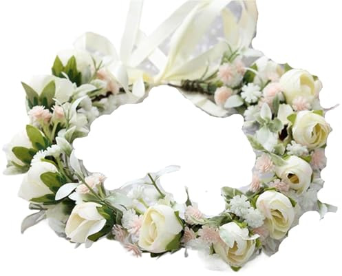 Hårband med blomkrans i skogsstil, konstgjorda blommor, för brudtärnor, bröllop, dejting för sommar, bröllop (beige)