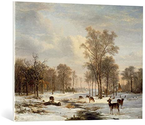 kunst für alle Leinwandbild: Pieter Gerardus Van Os Winterlandschaft mit Hirschen - hochwertiger Druck, Leinwand auf Keilrahmen, Bild fertig zum Aufhängen, 90x70 cm