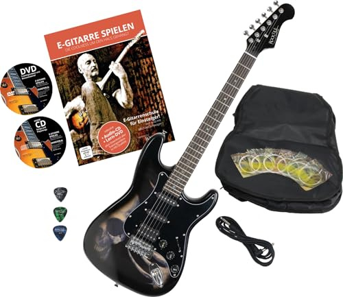 Rocktile Pro ST60-SK E-Gitarre Skull Set mit Zubehör, Korpus: Linde | Hals: Ahorn verschraubt, 1 Humbucker/2 Single Coil Tonabnehmer, 22 Jumbo Bünde, Palisander Griffbrett, Inlays: Dot, 3 Songs
