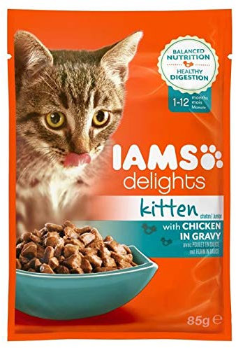 Iams Delights Kitten Huhn in Sauce (Probiergröße Nassfutter für Junge Kätzchen bis 12 Monate), Einzelbeutel (1 x 85 g)