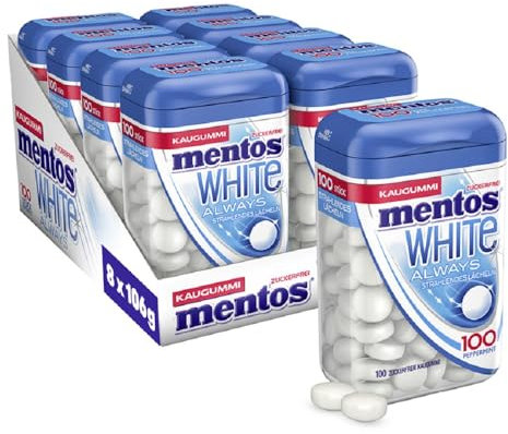 Mentos Kaugummi Always White, 8 XL-Dosen zuckerfreie Chewing Gum Dragees à 100 Stück mit Pfefferminz-Geschmack für strahlendes Lächeln (8 x 100 Stück)