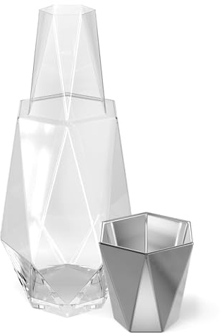 American Atelier 37 oz Fifth Avenue Decorative Bedside Water Carafe & Tumbler with Lid – 9 Silver Glass Pitcher Set for Nightstand, Guest Room, Office & Bedroom Hydration, Elegant Drinkware (Silver)