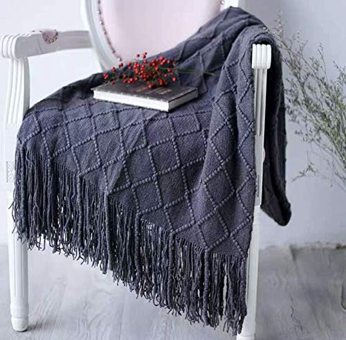 OliveSleep Gestrickte Überwurfdecke mit Fransen, leicht, weich, warm (Grau, 125 x 152 cm)