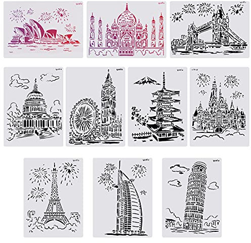 GORGECRAFT 10pcs Berühmte Gebäude Thema Schablonen Kunststoff-Schablonenset für DIY A4 Journal Notizbuch Tagebuch Sammelalbum Kunsthandwerk Projekte, Weiß