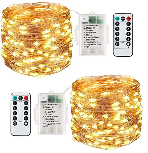 Lezonic [2 Pack Fairy Lights, 120LEDs 13M 8 Modes String Lights Battery Operated, Indoor/Outdoor with Remote Timer for Bedroom, Party, Wedding, Christmas Decorations(Warm White)