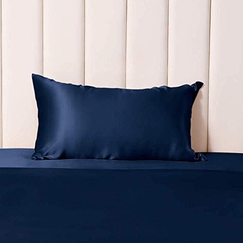 25 Momme Kissenbezug aus Seide für Haar und Haut, hypoallergen, Maulbeerseide, mit verstecktem Reißverschluss, reine Seide auf beiden Seiten, Marineblau, 40 x 80 cm