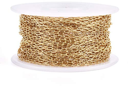 Cheriswelry Goldene Büroklammer-Kette aus 304 Edelstahl, gelötet, flach, oval, rechteckig, für Halskette, Armband, Gliederkette für Punk-Schmuck, Basteln
