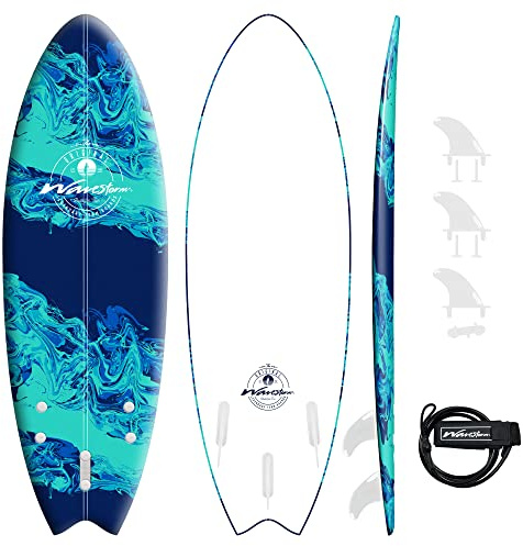 Wavestorm -Soft Top Foam 5'6 Surfboard/Fish Swallow Tail Surfboard for Beginners and All Surfing Levels Youth Complete Set Includes Leash and Multiple Fins, Blue Marble, (AZ22-WSSW560-BLU)
