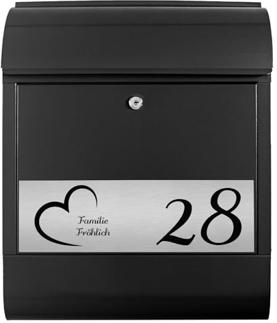 banjado Briefkasten personalisiert mit graviertem Namensschild in Edelstahl - Wandbriefkasten Schwarz - Postkasten mit Hausnummer, Namen & Motiv Herz - Briefkasten mit Zeitungsfach