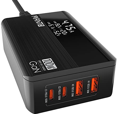 MANTO 100W GaN USB C Ladegerät mit LED Anzeige, 4-Port Schnellladegerät mit 2 Typ-C & 2 Typ-A, PD 3.0 & QC 3.0, Kompakt für MacBook, iPhone, iPad, Samsung, Laptop..y